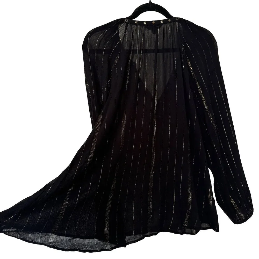 Metallic Striped Top  Night Blouse Black Gold Long Sleeve V-neck Women’s Size L - Picture 2 of 14